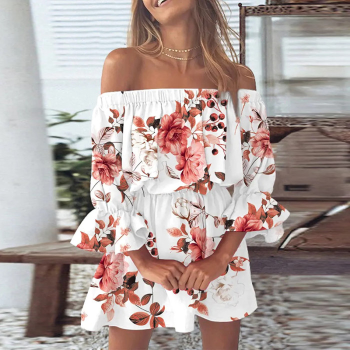 Women's Sexy Off Shoulder Floral Print Half Sleeve Casual Party  Mini Dress