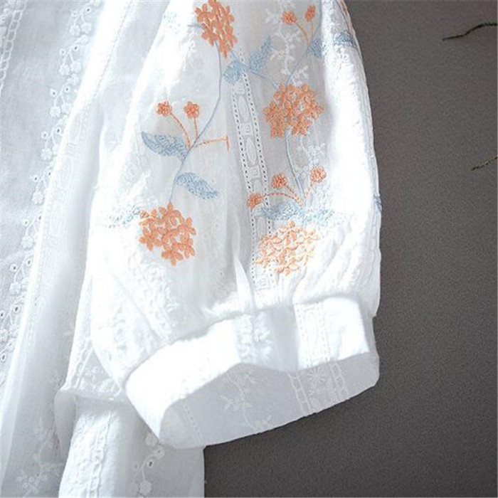 Embroidered Floral Cotton Top Loose Cutout Vintage Blouse