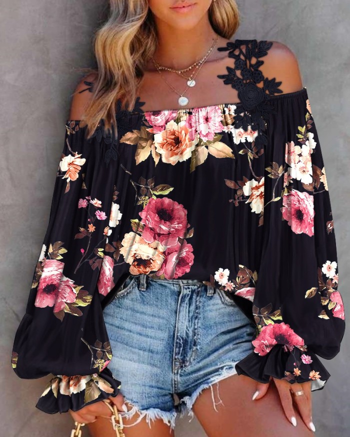 Women's Fashion Casual Floral Print Lace Patch Off-Shoulder Top Blouses