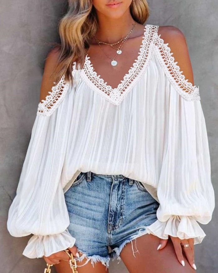 Women's Fashion Casual Floral Print Lace Patch Off-Shoulder Top Blouses