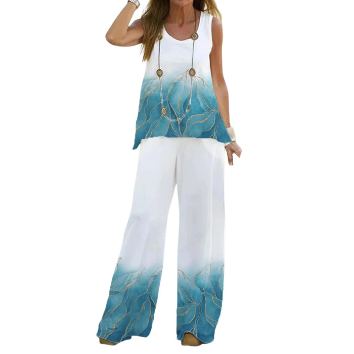Deep Crotch 2 Pcs/Set Trendy Floor Length Pants Women Tops Pants Set Solid Color Clothes
