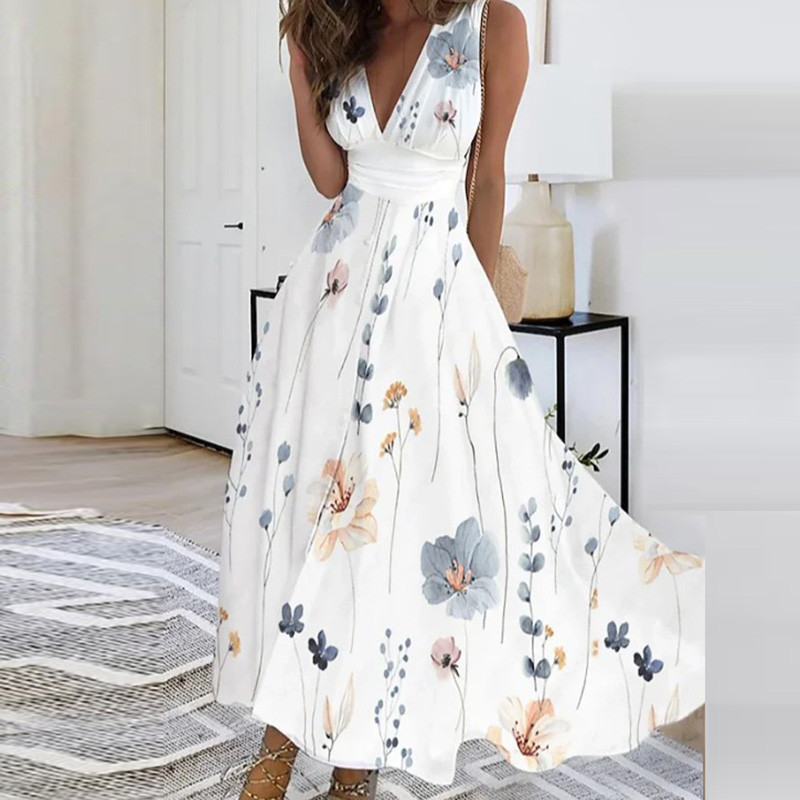 Elegant Printed Deep V Midi Dress main image 1