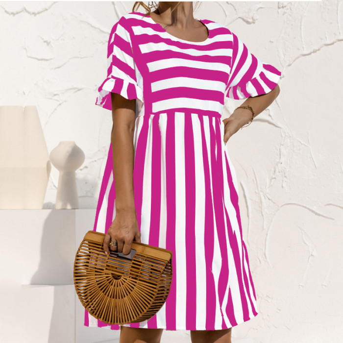 Women's Striped Print Party Ruffle Sleeves High Waist Elegant Casual Beach Dress