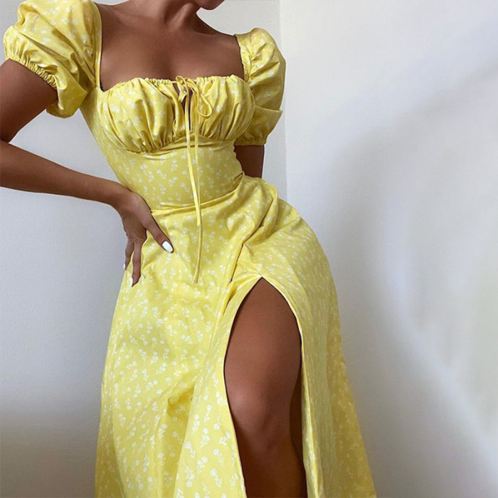 Boho Floral Print Square Neck Puff Sleeve Slit Sexy Party Backless Midi Dress