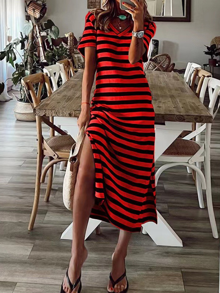 Ladies Casual Stripe Print Elegant V Neck Office Slit Party Maxi Dress