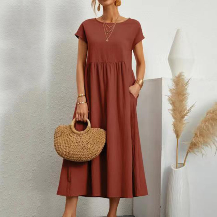 Retro Cotton Linen Solid Color Sleeveless O-Neck Loose High Waist Pockets Retro  Midi Dress