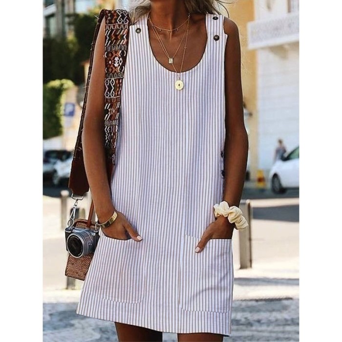 Summer Print Stripe Casual Sleeveless Pocket Loose Fashion  Casual Dress