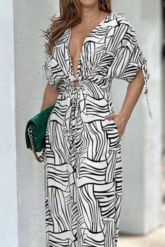 Women's Sexy Fashion V Neck Ruched Print Hollow Loose Wide Leg Jumpsuit
