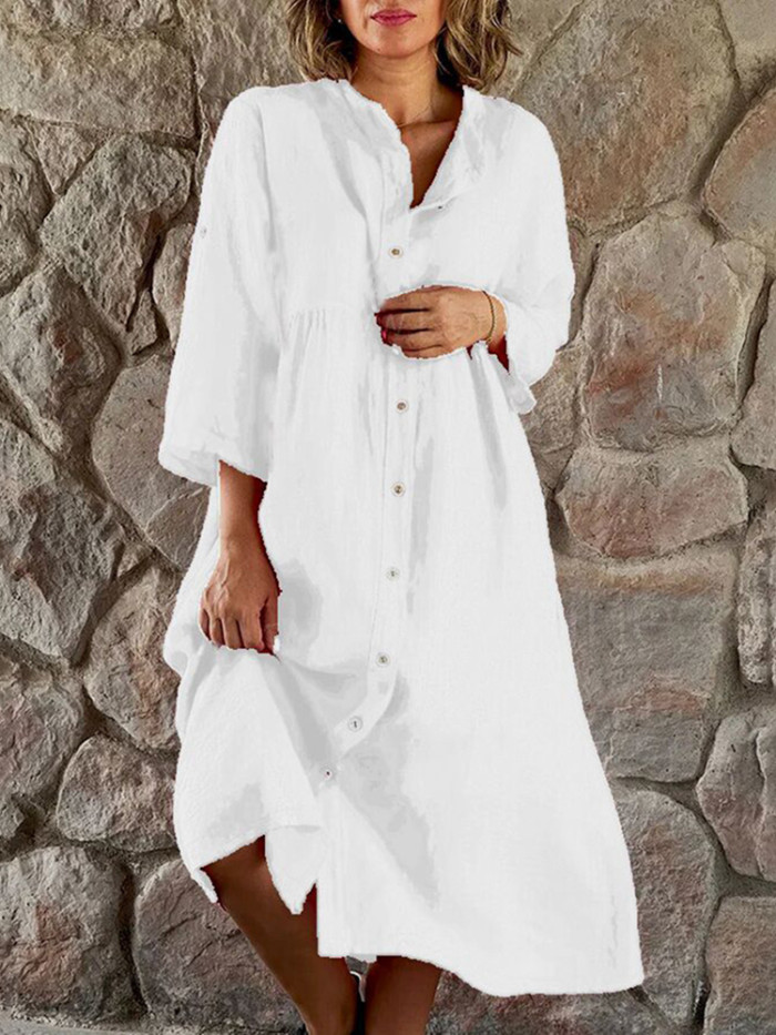 Cotton Linen Retro Casual Loose Button Up Elegant Solid Color Long Sleeve Shirt  Midi Dress