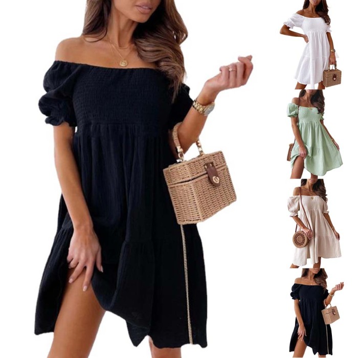 Women's Sexy Summer Beach Off Shoulder Solid Color Casual Loose Pleated A-Line Mini Dress