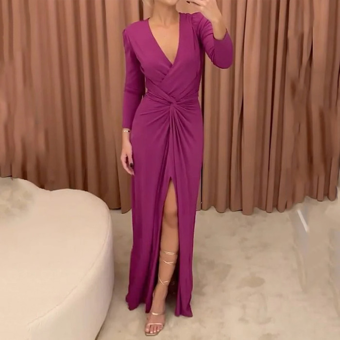 Women's Fashion Solid Color V Neck Slit Long Sleeve Slim Sexy Maxi Dress