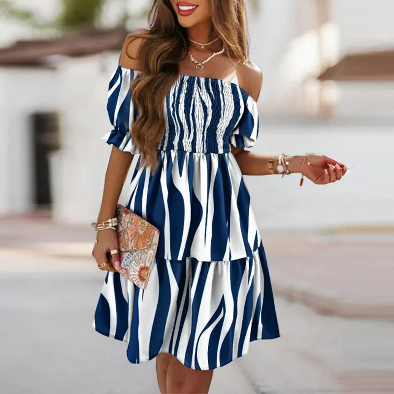 Sexy Elegant Off Shoulder Puff Sleeves Ruched Floral Print High Waist Party Casual Dress