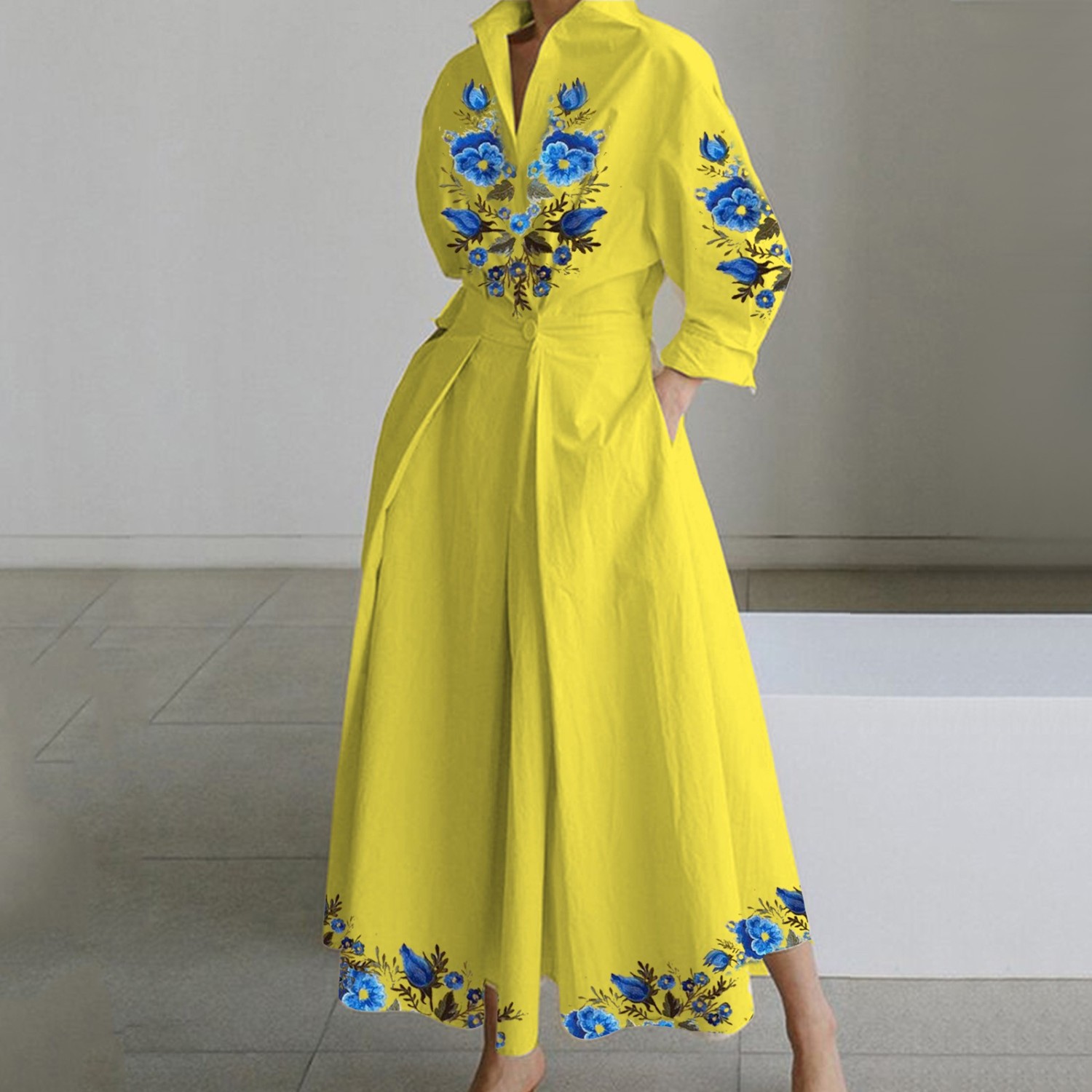 Retro Ethnic Maxi Dress in Faux Blue with Plaid Patterns (Belt Included)