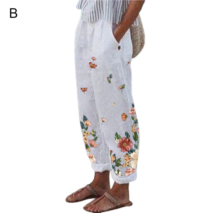 Women's Elegant Vintage Floral Print Cotton Linen Elastic Waist Pocket Lounge Pants
