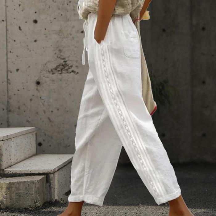 Women's Harajuku Retro Solid Color Cotton Linen Sexy Hollow Lace Design Pants