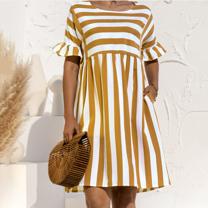 Women's Striped Print Party Ruffle Sleeves High Waist Elegant Casual Beach Dress