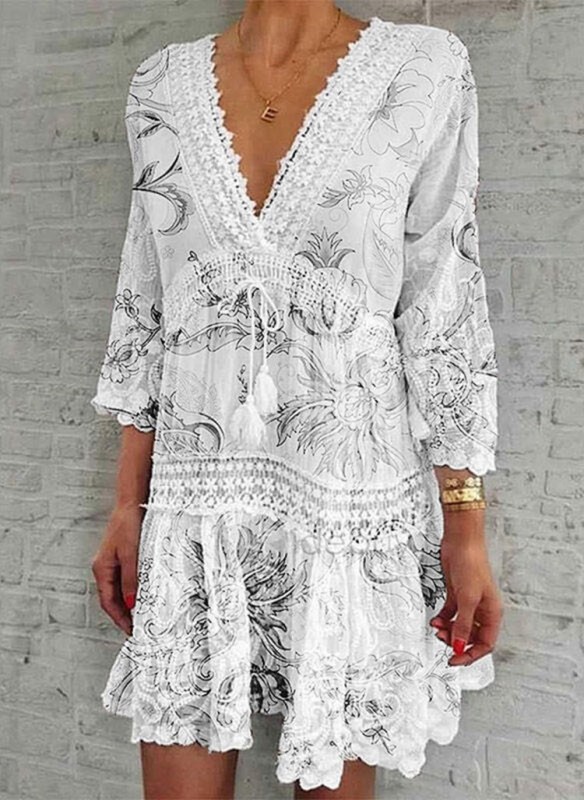 Summer Lace Embroidery Elegant V Neck Casual Print Loose Party Mini Dress