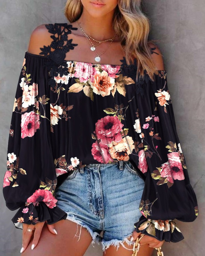 Women's Fashion Casual Floral Print Lace Patch Off-Shoulder Top Blouses