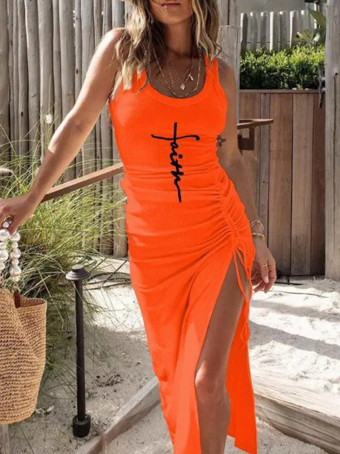 Sexy Slim Slit Knit Casual Solid Color O-Neck Elegant Party Print Sleeveless Maxi Dress