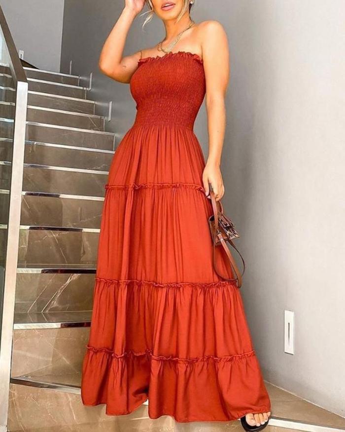 Fashion Layered Ruffle Strapless Solid Color Gathered Party Sexy Elegant Maxi Dress