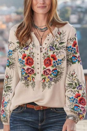Women's Fashion Long Sleeve Printed Oversized Loose Blouses