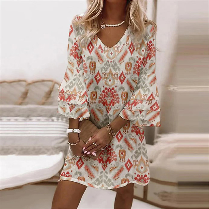 Summer Elegant Ruffle Sleeve Casual Floral Print V Neck Loose Boho Mini Dress