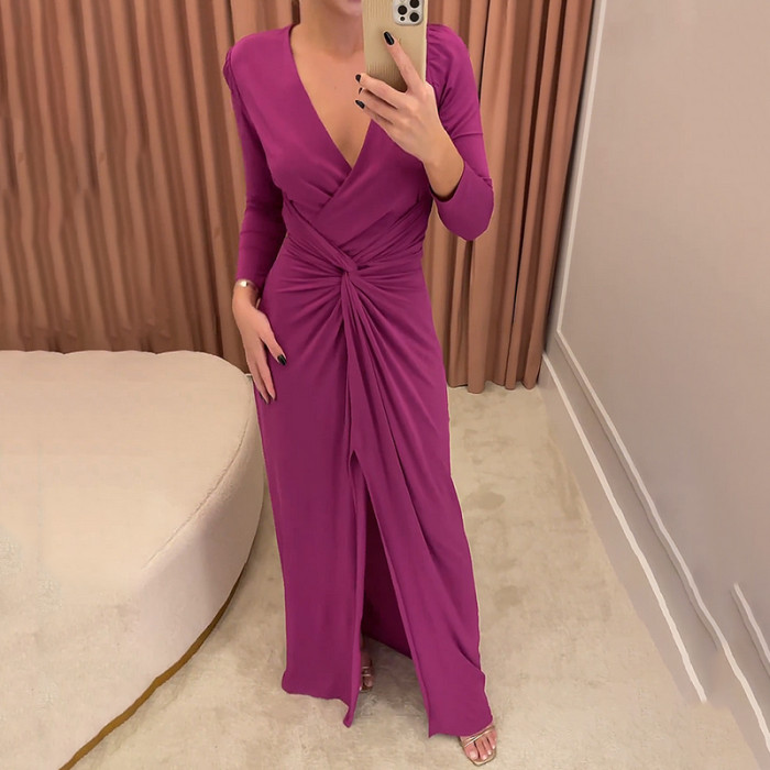 Women's Fashion Solid Color V Neck Slit Long Sleeve Slim Sexy Maxi Dress