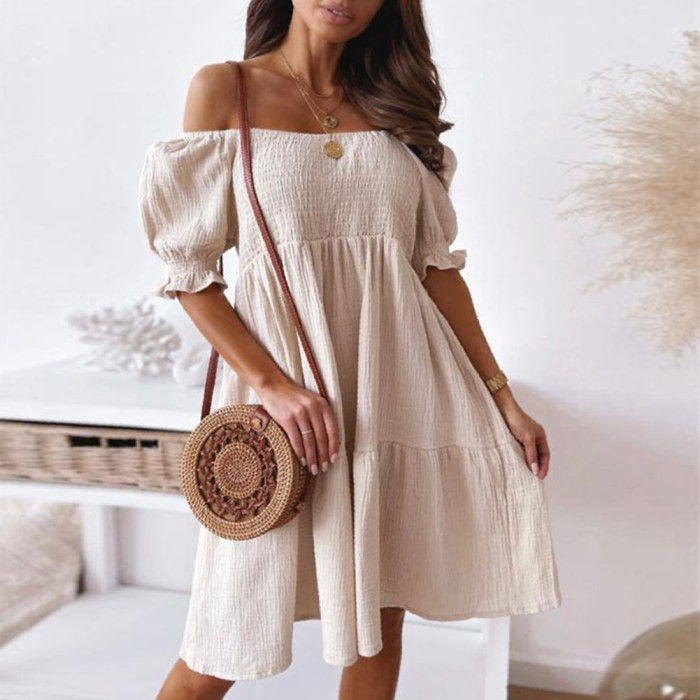 Women's Sexy Summer Beach Off Shoulder Solid Color Casual Loose Pleated A-Line Mini Dress