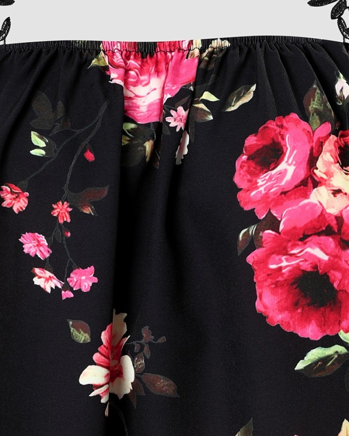 Women's Fashion Casual Floral Print Lace Patch Off-Shoulder Top Blouses