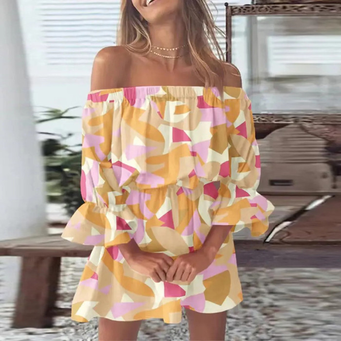 Women's Sexy Off Shoulder Floral Print Half Sleeve Casual Party  Mini Dress