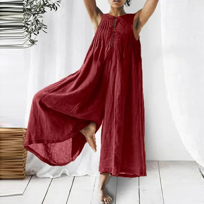 Women's Solid Color Ribbon Cotton Linen O-Neck Hollow Pleated Sleeveless Wide-Leg Jumpsuit