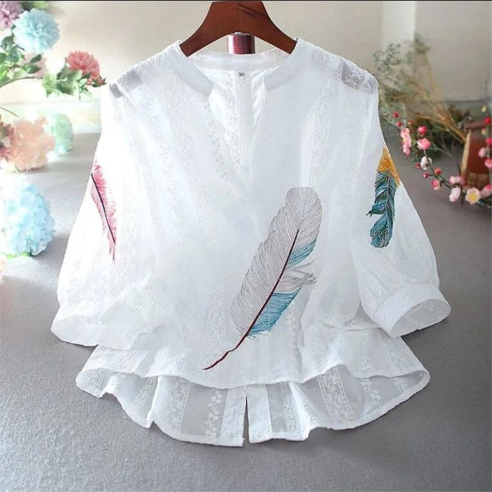 Cotton Lace Loose Summer Top Embroidered V Neck Temperament  Blouses