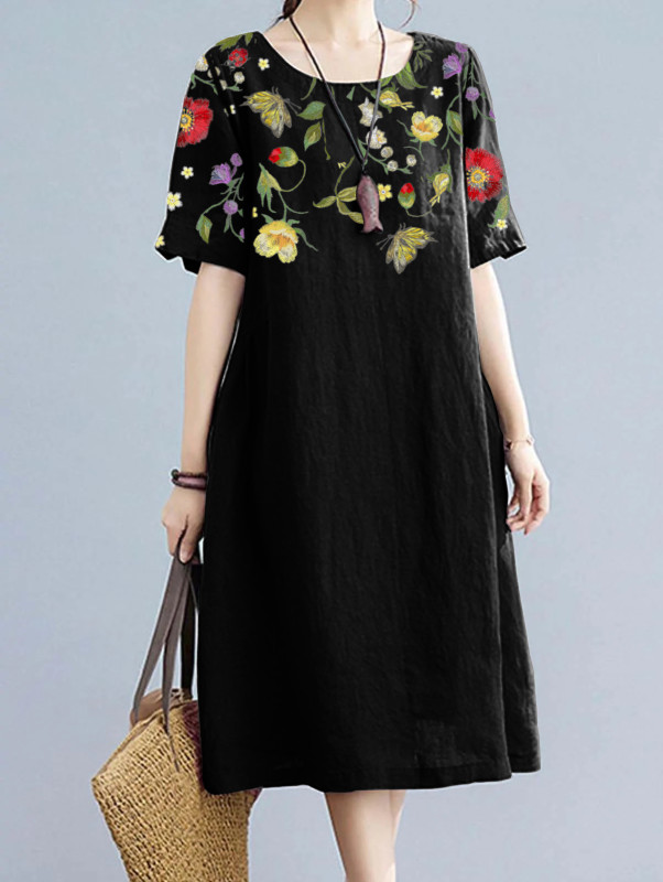 Women's Floral Print Fashion Short Sleeve Elegant Casual Loose Midi Dress