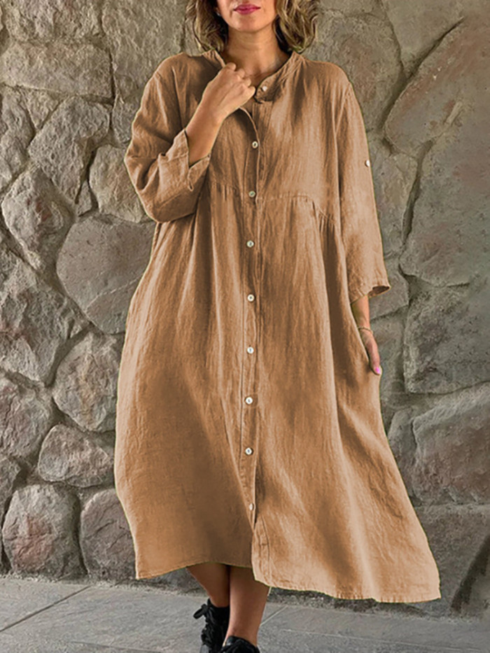 Cotton Linen Retro Casual Loose Button Up Elegant Solid Color Long Sleeve Shirt  Midi Dress