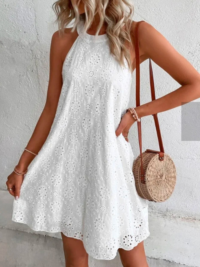 Summer Elegant Retro Solid Color Lace V Neck Loose Hollow Embroidered Sexy Mini Dress