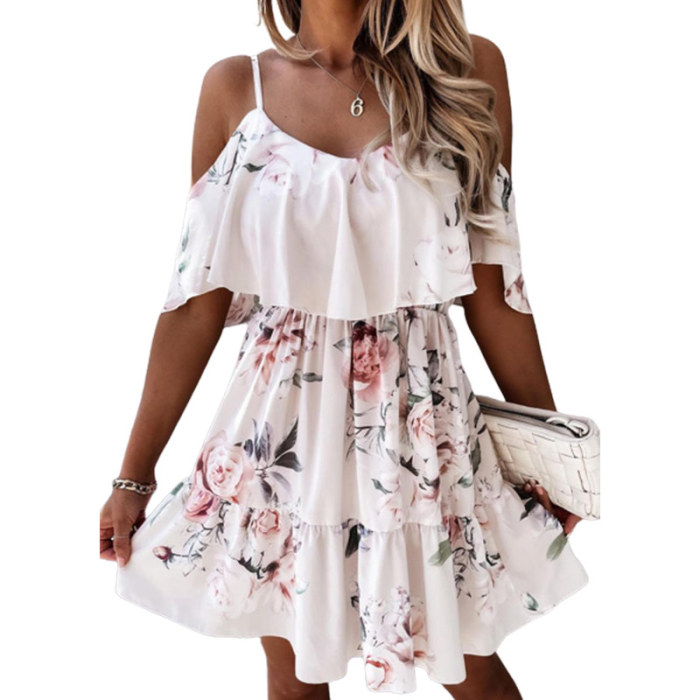 Women's Summer Casual Boho Floral Ruffle Layered Prom Beach Mini Dress
