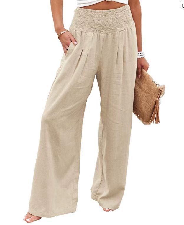 Women's Fashion Solid Color Cotton Linen Stretch Pleated Casual Pants