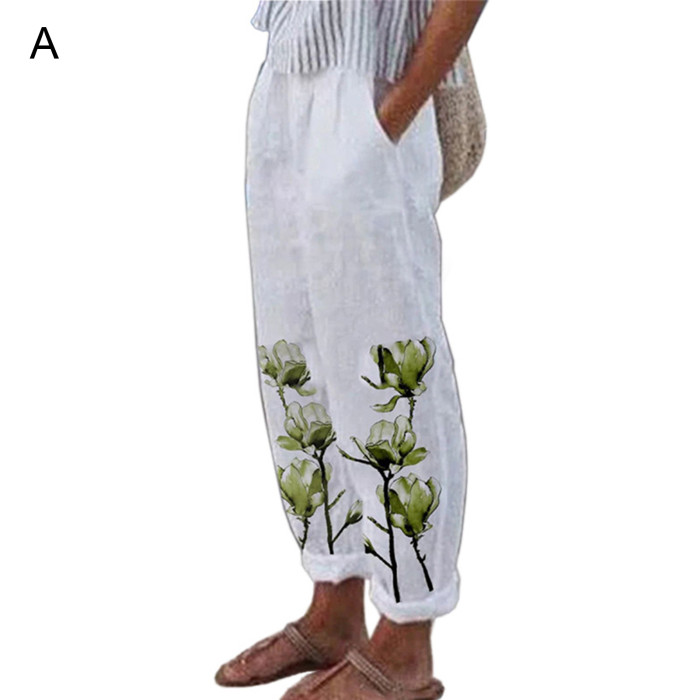 Women's Elegant Vintage Floral Print Cotton Linen Elastic Waist Pocket Lounge Pants