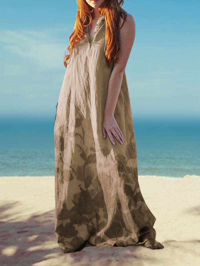 Women's Fashion Floral Linen Sleeveless Beach Summer Backless Maxi Dress