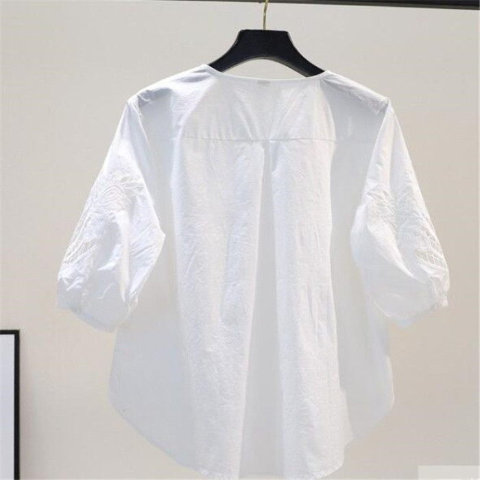 Women's 100% Cotton Embroidered Hollow Top O-Neck Loose Casual Button Down Blouses