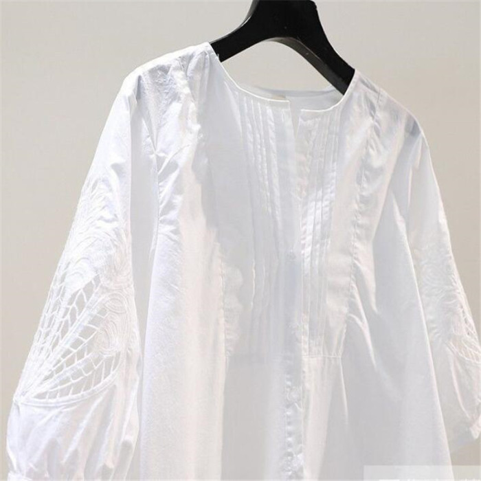 Women's 100% Cotton Embroidered Hollow Top O-Neck Loose Casual Button Down Blouses