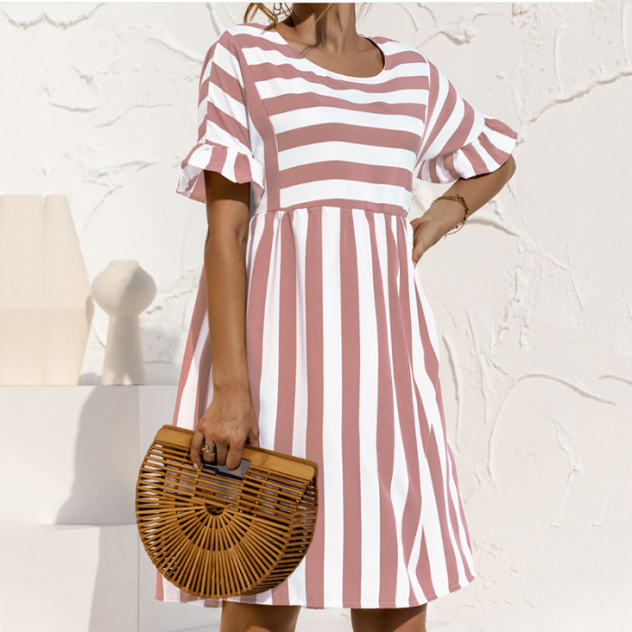 Women's Striped Print Party Ruffle Sleeves High Waist Elegant Casual Beach Dress
