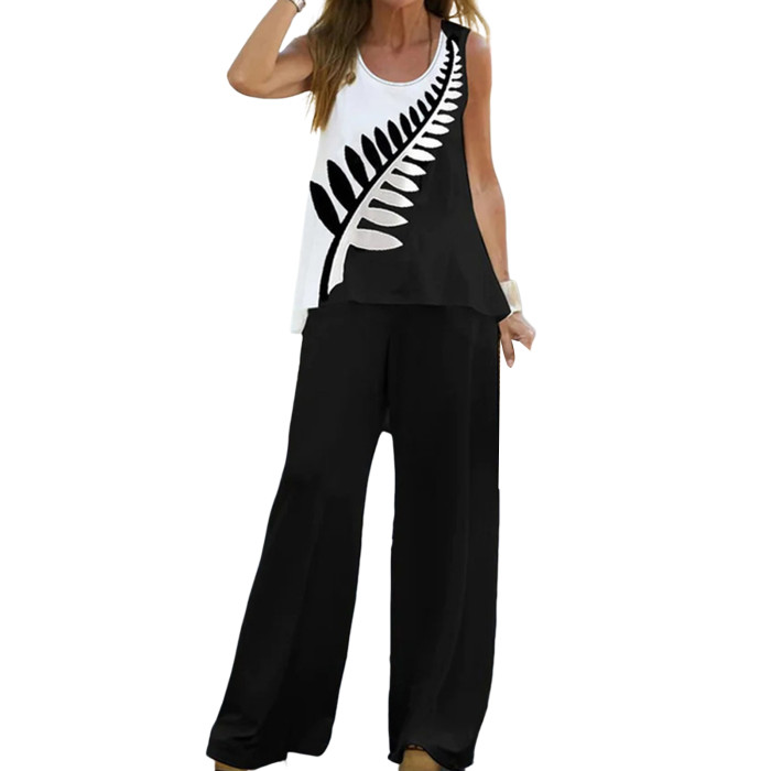 Deep Crotch 2 Pcs/Set Trendy Floor Length Pants Women Tops Pants Set Solid Color Clothes