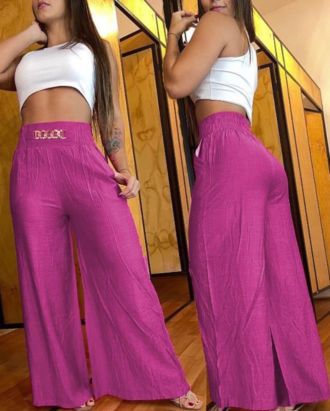 Women's Summer Fashion Chain Casual Pocket High Waist Solid Color Wide Leg Pants