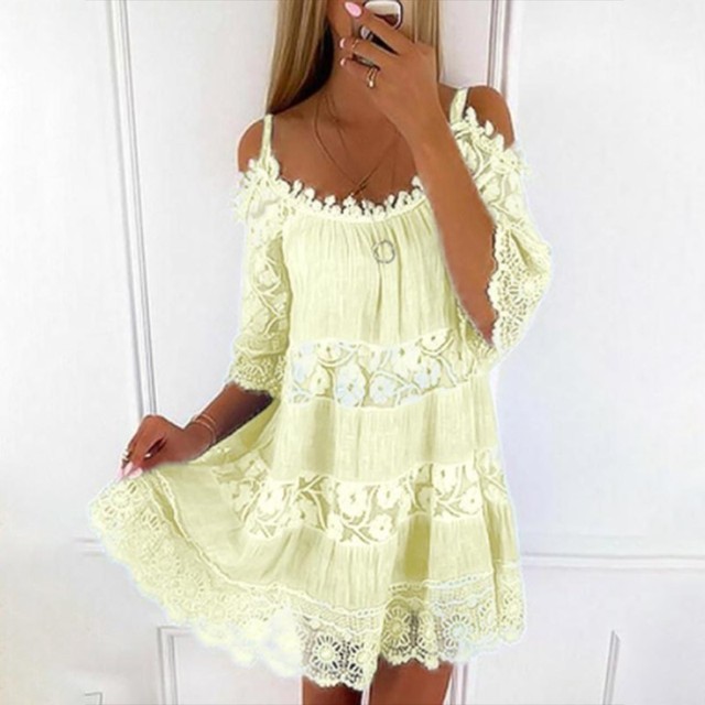 Summer Lace Embroidery Elegant Off Shoulder Casual Solid Color Loose Party Mini Dress