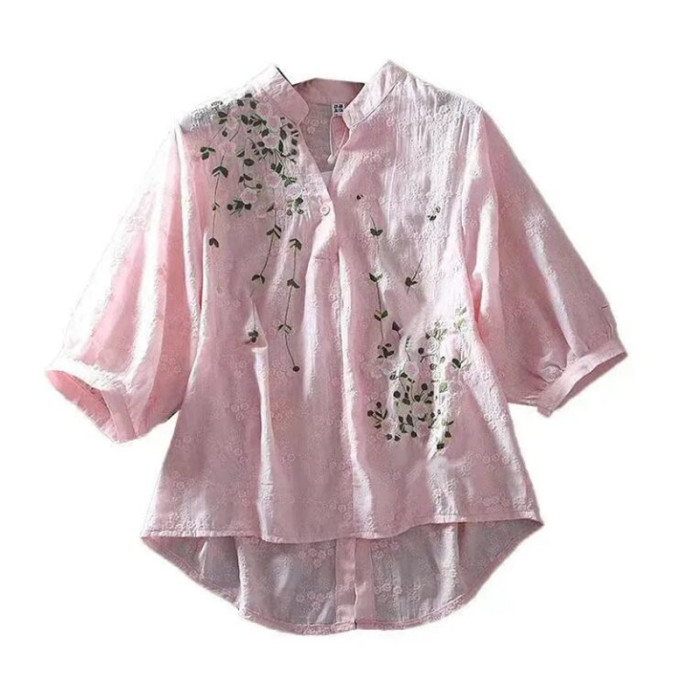 Cotton Shirt Women Embroidered Flowers V Neck Half Sleeve Lace  Blouses Top