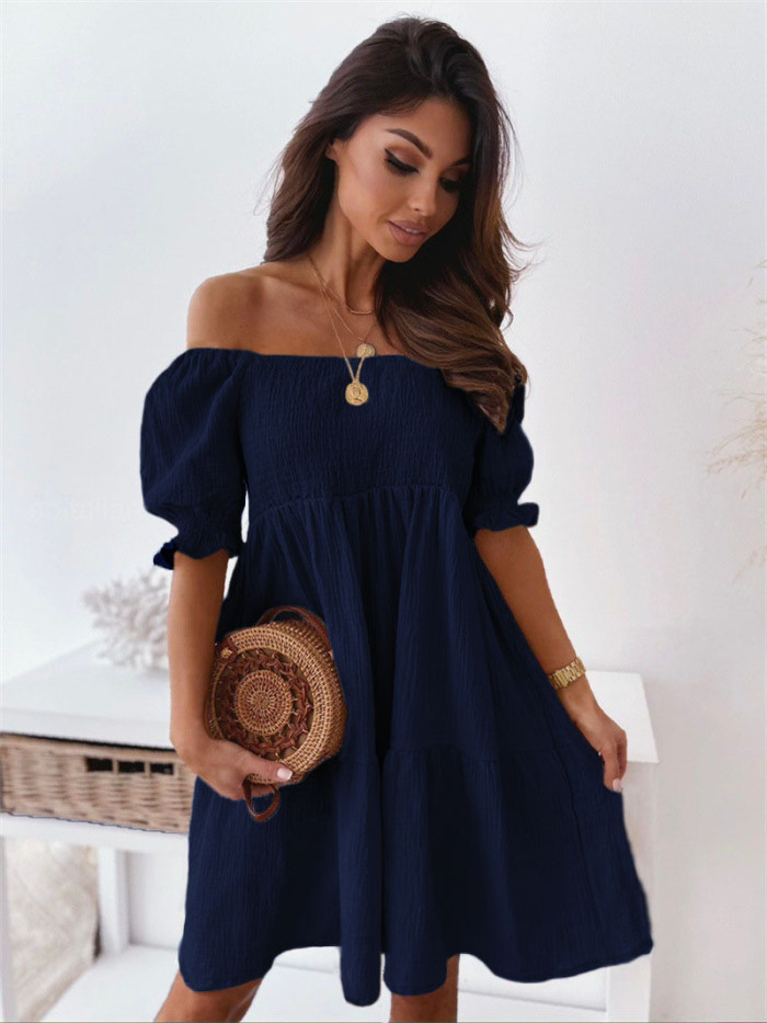 Women's Sexy Summer Beach Off Shoulder Solid Color Casual Loose Pleated A-Line Mini Dress