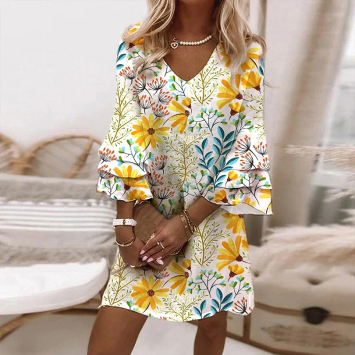 Summer Elegant Ruffle Sleeve Casual Floral Print V Neck Loose Boho Mini Dress