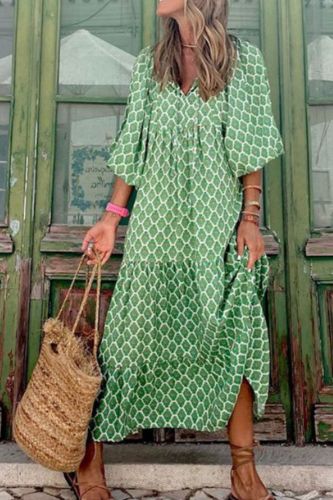 Women's Bohemian Loose Geometric Print Half Sleeves Casual Elegant Party Maxi Dress