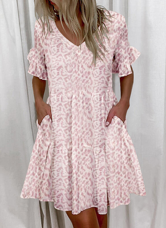 Women's Ruffle Floral Print Loose V Neck Casual Elegant Mini Dress